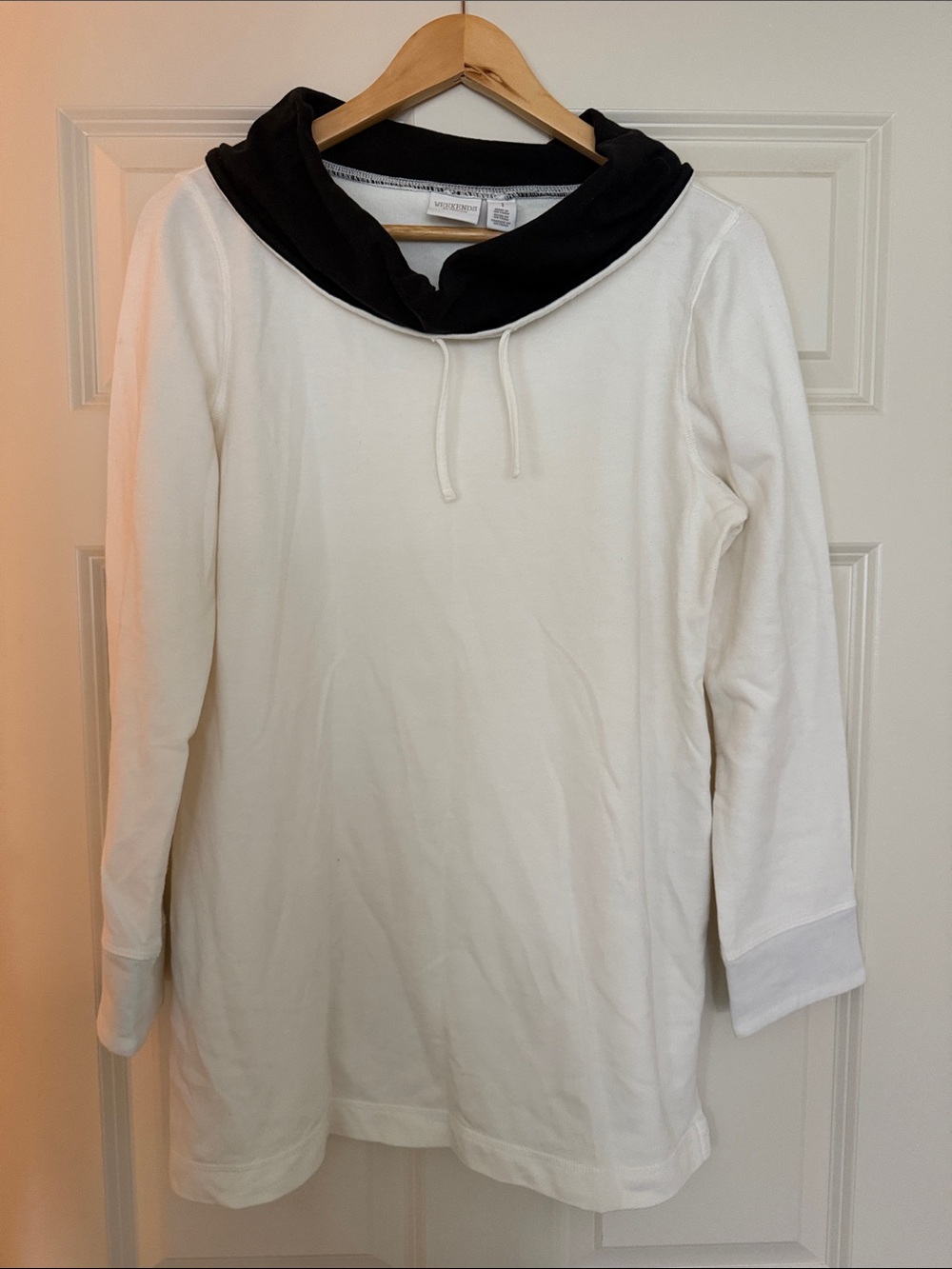 Chico's Weekends Cream Tunic Sweatshirt with Black Cowl Neck